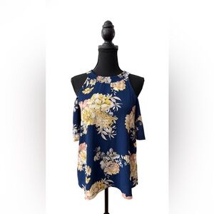 Lily Black Navy Blue and Yellow Floral Cold Shoulder Blouse